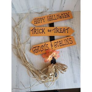 Happy Halloween ghosts goblins trick or treat wooden crossing sign prop decor